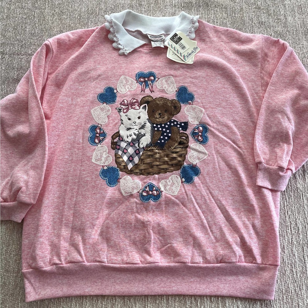 NOS NWT vintage 20W sweatshirt collar crochet cat bear basket cute basket retro